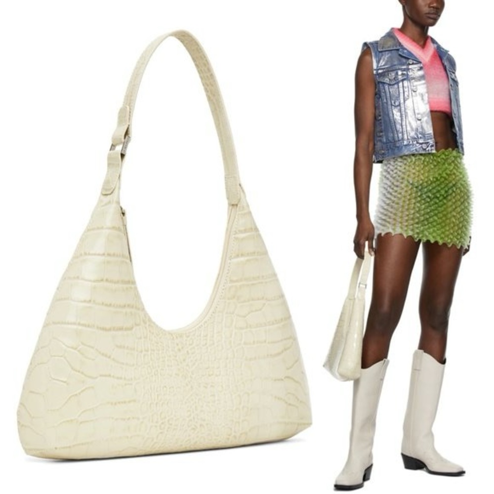 NEW by FAR Amber Cream Crocodile Embossed Leather Large Shoulder Bag - Ivory